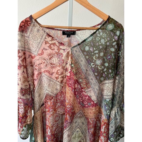 Boho Top 22/24 Patchwork Tunic Sheer Flowy Hare Print Festival CottageCore Fairy - Picture 14 of 16